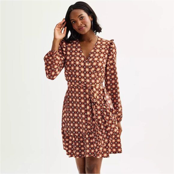 Draper James NWT Allover Geo Long Sleeve Ruffle Wrap Mini Dress Brown XX-Large - Picture 1 of 6